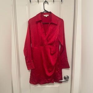 She + Sky Red collared satin long sleeve dress size M